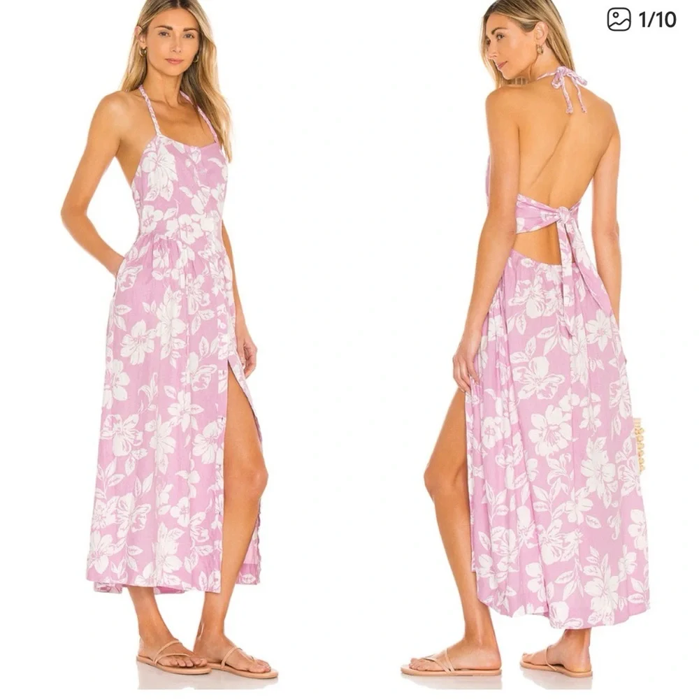 Free People Perfect Sundress Pink Midi Floral Linen Blend Medium Wedding Guest
